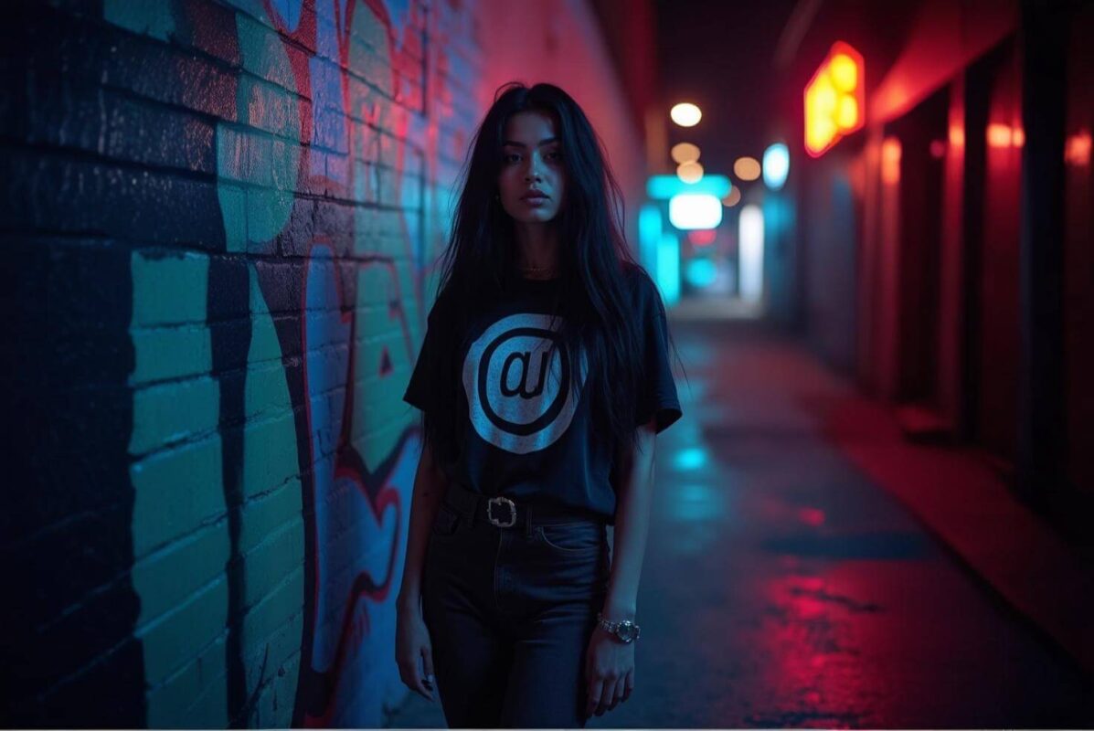 Joven con playera estampada de rock en un entorno urbano, reflejando la influencia del estilo rockero en la moda contemporánea
