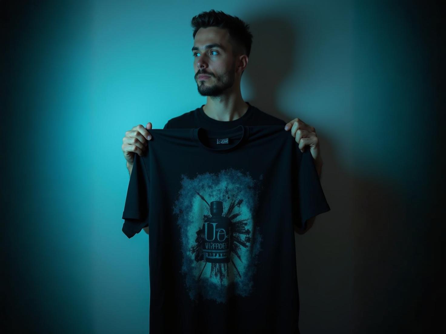 Persona sosteniendo una playera negra estampada, resaltando la importancia del cuidado adecuado para prolongar su vida útil.