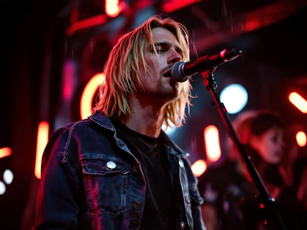 Kurt Cobain, líder de Nirvana, en su estilo grunge característico, con camisa de cuadros y su actitud desaliñada, símbolo de la moda alternativa y rebelde.