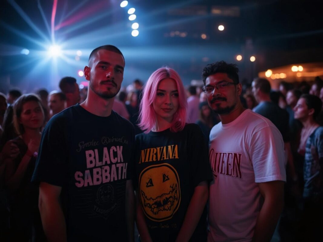 Tres personas en un concierto usando playeras de bandas legendarias, con los logos icónicos de sus bandas favoritas, representando la moda alternativa y del rock.