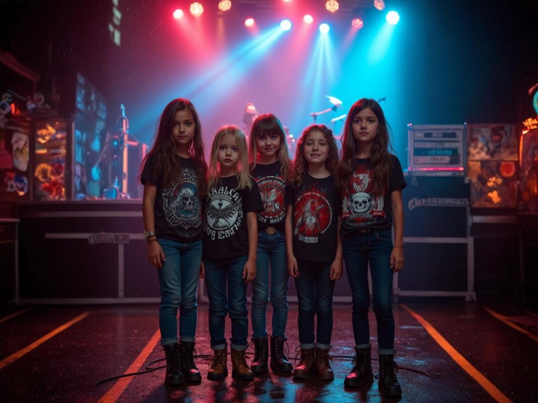 Niños en un concierto usando playeras de sus bandas favoritas, representando la influencia del rock y metal en las nuevas generaciones.