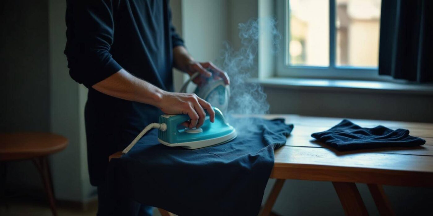 Persona planchando una playera con cuidado, usando un trapo protector sobre el estampado.