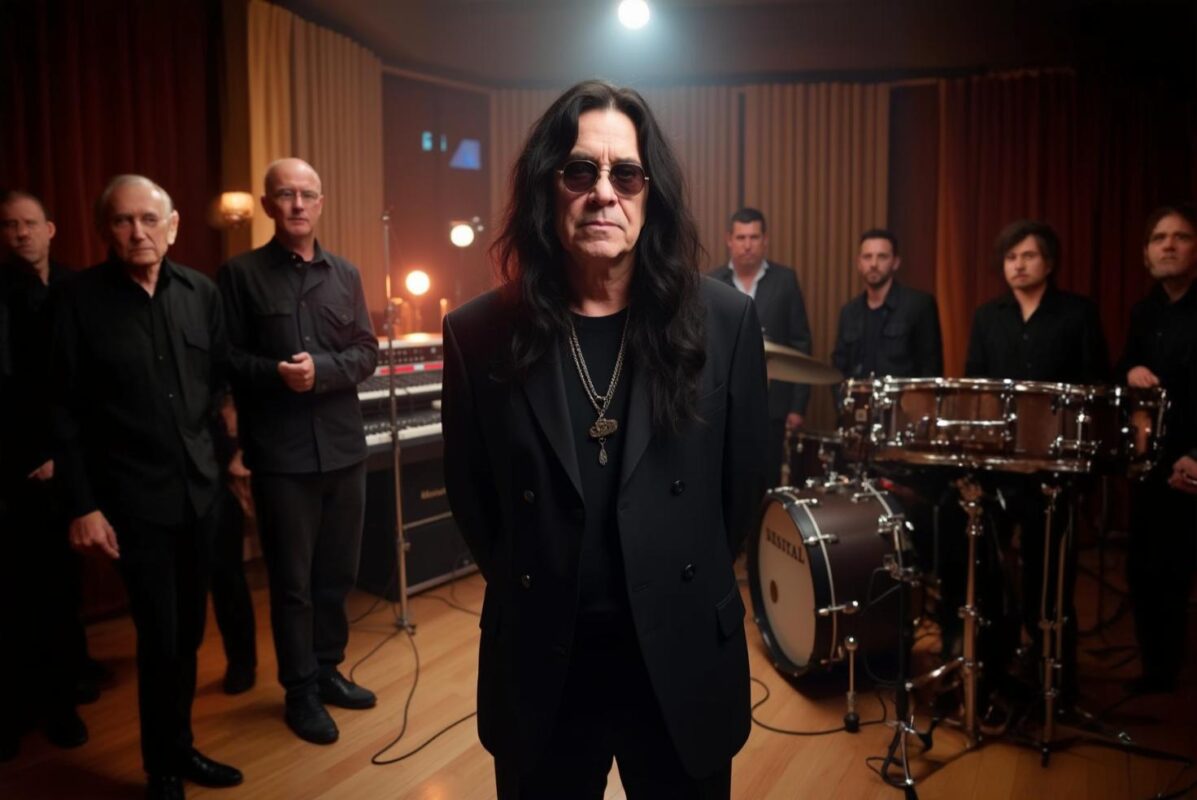 Ozzy Osbourne, el Príncipe de las Tinieblas, en el escenario con su estilo único, ropa negra, maquillaje dramático y gafas oscuras, símbolo del metal y la moda gótica.