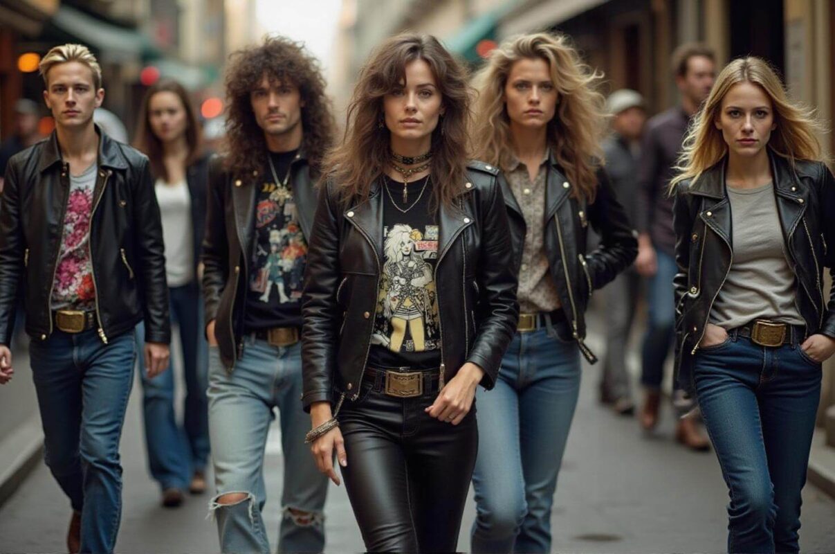 Grupo de jóvenes con chamarras de cuero y actitud desafiante, reflejando la estética rebelde del rock y el punk de los años 70s y 80s.