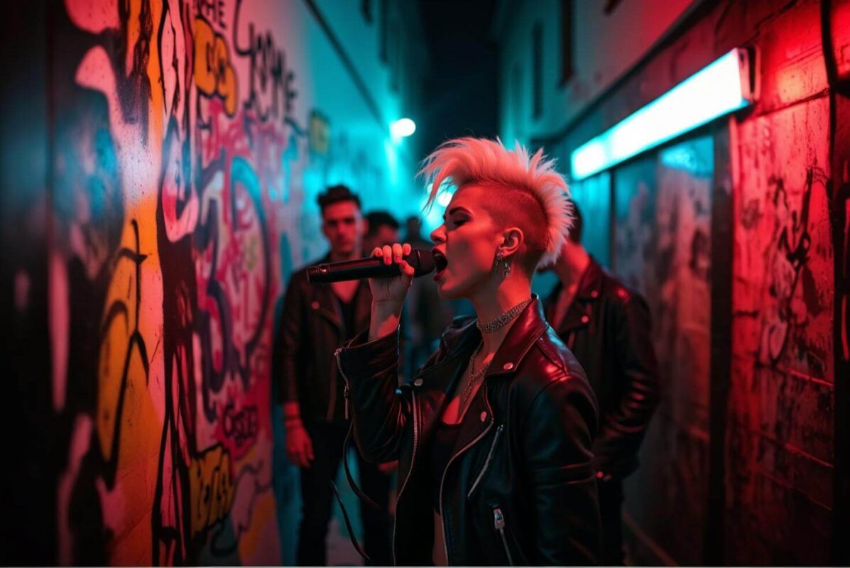 Vocalista con estilo punk clásico cantando apasionadamente en un callejón, evocando la energía del rock de los 90s y 2000s.