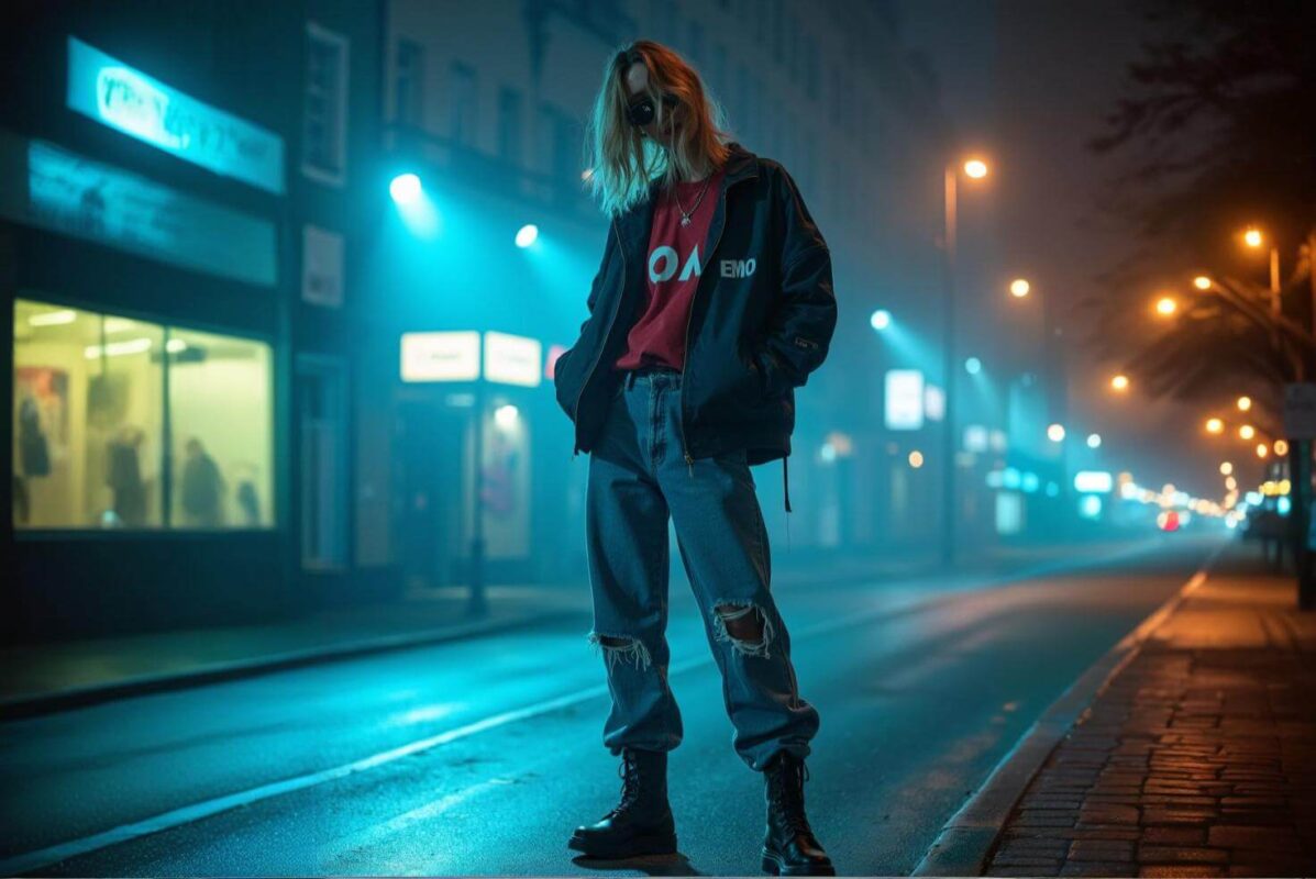 Joven con estilo grunge luciendo ropa desgarrada y una playera de banda, reflejando la fusión del rock con el streetwear de los 90s.