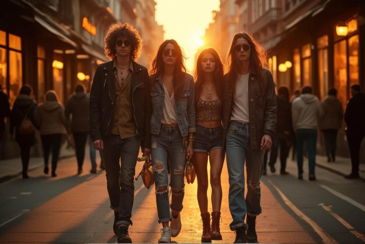 Grupo de cuatro amigos con diferentes estilos rockeros, reflejando la diversidad y fusión del rock en la moda urbana contemporánea.