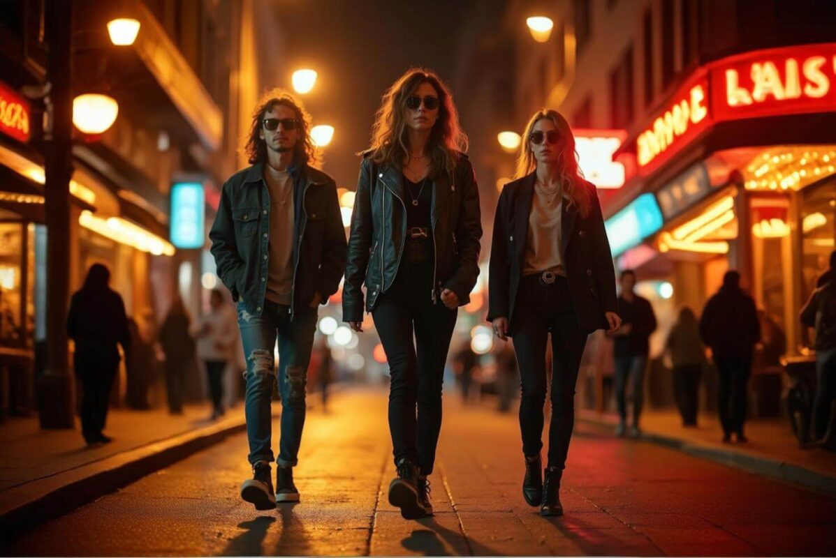 Tres personas con diferentes looks rockeros caminando por una calle nocturna, cada una con un estilo único de moda rockera.