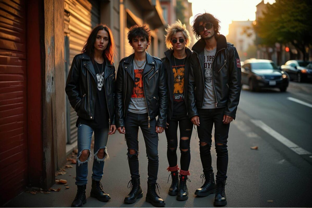 Persona vistiendo una playera de banda punk combinada con chaqueta de cuero, botas gruesas y pantalones rotos, representando un look punk auténtico.