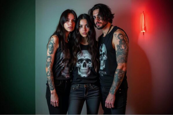 Grupo de personas con estilo punk usando playeras de bandas, chaquetas de cuero y botas gruesas, representando la influencia de la moda punk en las playeras de rock.