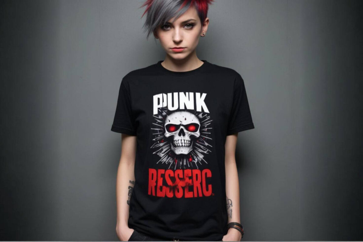 Primer plano de una playera de banda punk en color oscuro con tipografía agresiva y mensaje provocador, representando la rebeldía del movimiento punk.